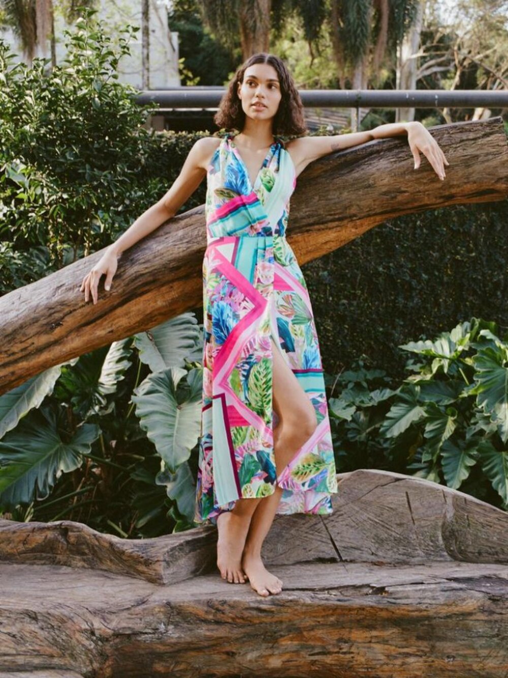 NWT Zara Tropical Print Wrap Midi Dress Floral Pink Blue Green Vacation Dress
